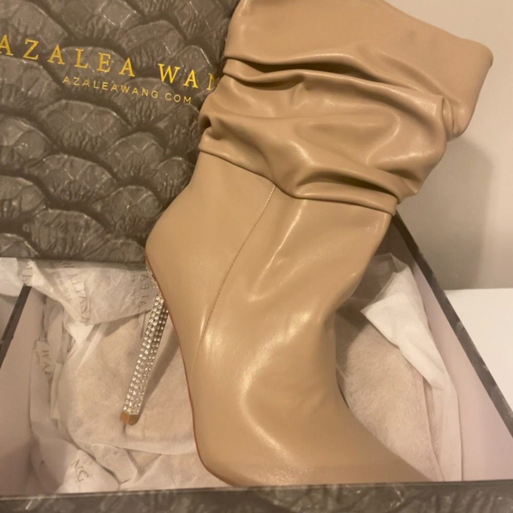Azalea Wang Beige Heeled Boots with Rhinestone Heel
